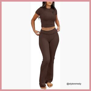 Rayon Lounge Set with Foldover Flare Leggings and Crop Top